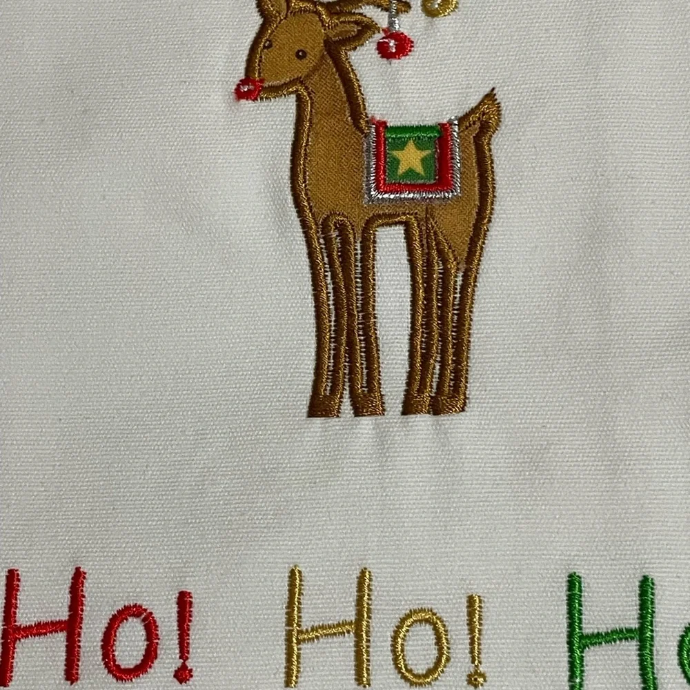 White Holiday Guest Towel Embroidered Reindeer HO HO HO Red Pom Pom Trim